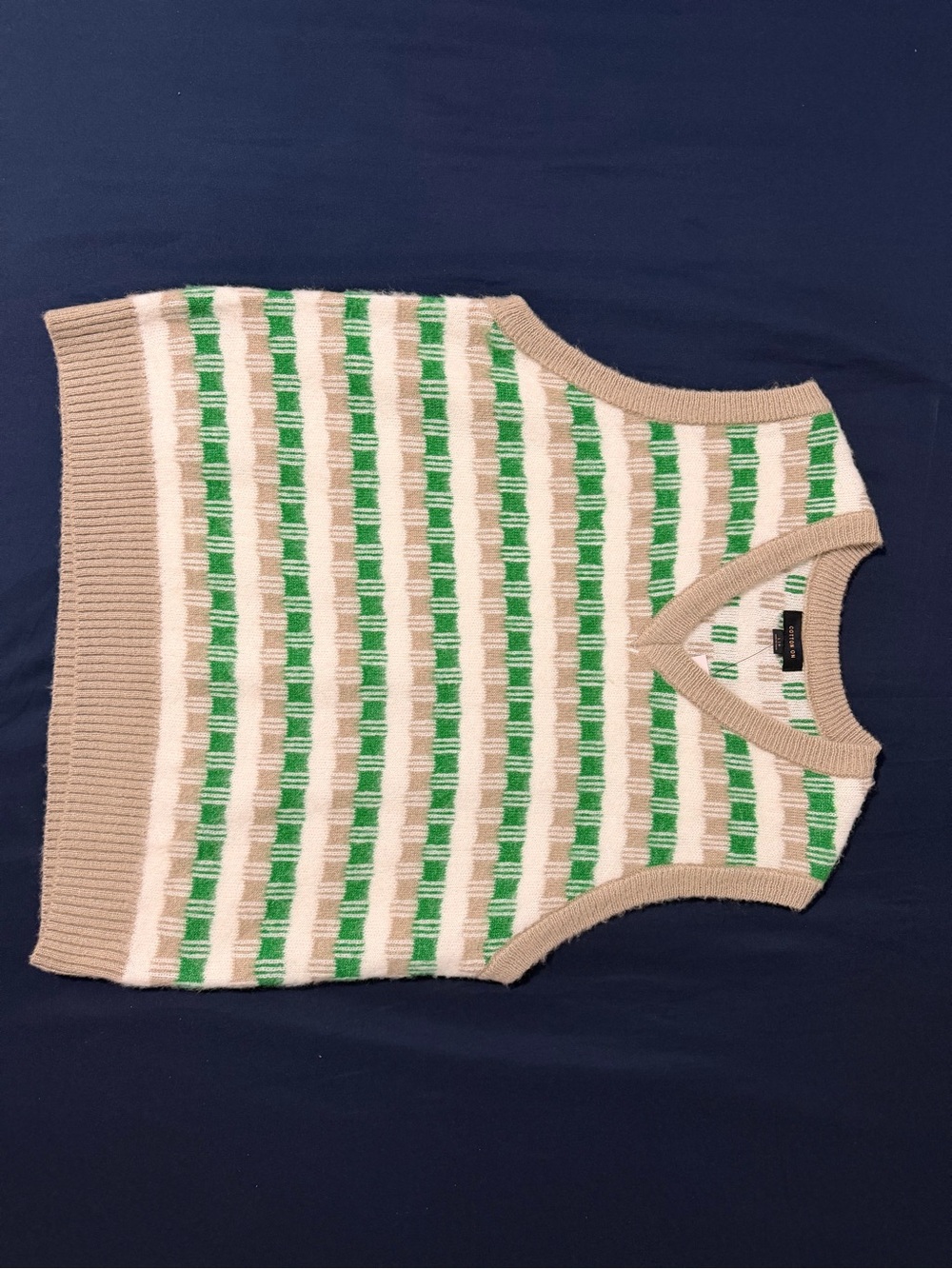 Cotton On Green, Cream & Tan Striped V-Neck Sweater Vest